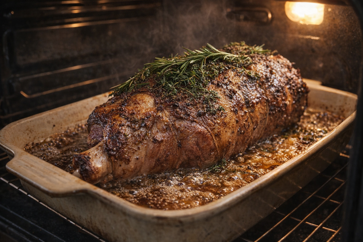 Close up of leg of lamb roasting in the oven, golden brown crust, with sprigs of rosemary and thyme on top, pan drippings bubbling around the base. The oven light is on